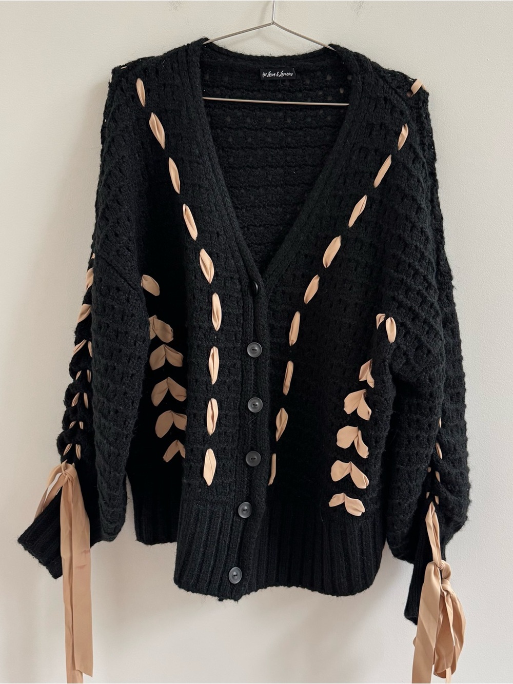 For Love & Lemons Black Cardigan with Beige Ribbon Detail